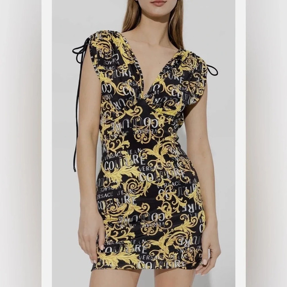 Versace Jeans Couture Logo Print Black and Gold Mini Dress Size 8 - Picture 1 of 11